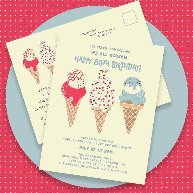 Retro Ice Cream Cone 80th Birthday Invitation Postcard (Creator Uploaded)