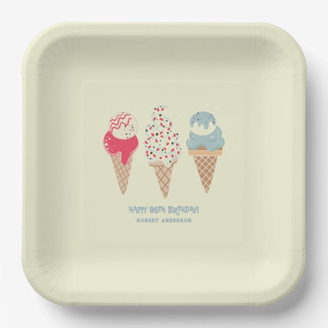 Retro Ice Cream Cone 90th Birthday Custom Paper Plate (Front)