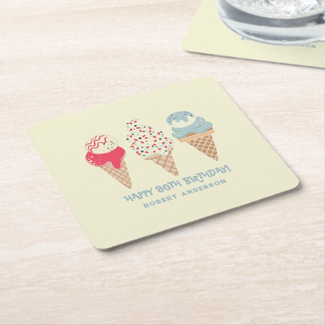 Retro Ice Cream Cone 90th Birthday Custom Square Paper Coaster (Angled)