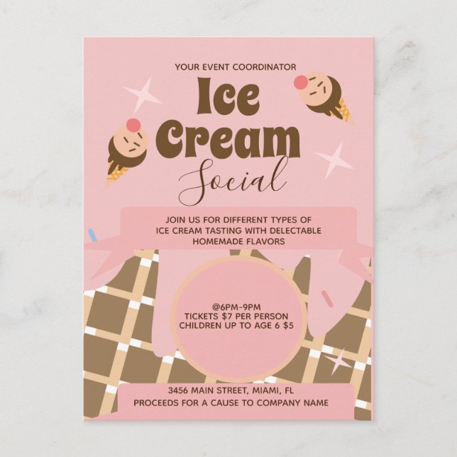 Retro Ice Cream Cone Social Flyers Invitation Pink Postcard (Front)