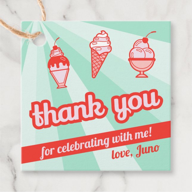 Retro Ice Cream Party Green & Pink Favour Tag (Front)