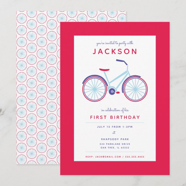 Retro Illustrated Bicycle in Red Birthday Invitation (Front/Back)