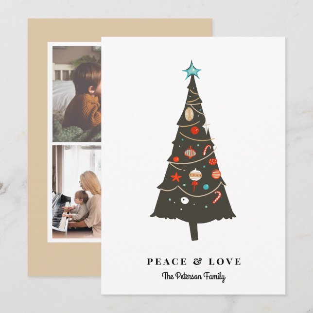 Retro Illustrated Christmas Tree Modern Holiday Card (Front/Back)