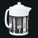 Retro Illustrated Cutlery Art<br><div class="desc">Stylish and unique black and white design of retro illustrated cutlery on small teapot.</div>