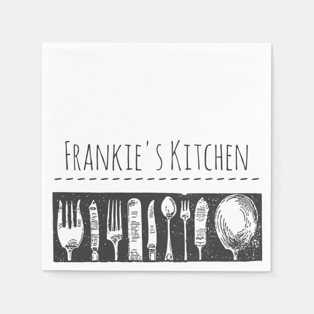 Retro Illustrated Cutlery Art Custom Text Napkin (Front)
