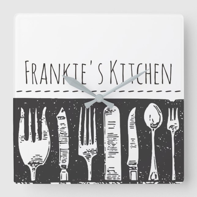 Retro Illustrated Cutlery Square Custom Text Square Wall Clock (Front)