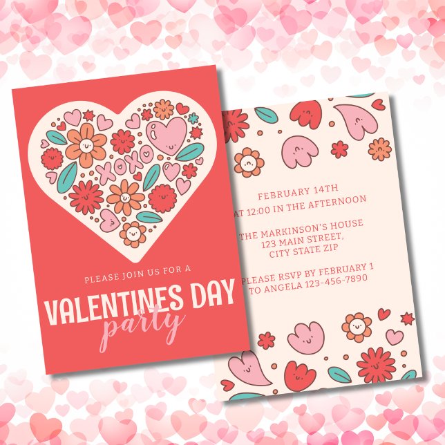 Retro Illustrated Hearts Valentines Day Party Invitation (Creator Uploaded)