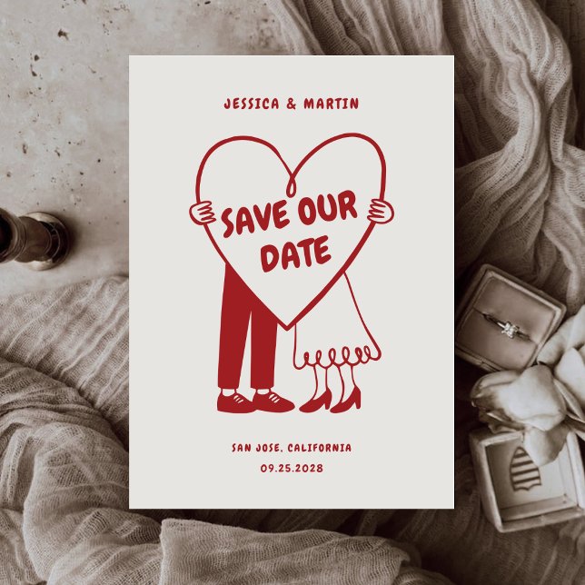 Retro Illustrated Monochromatic Red Theme Wedding Save The Date (Creator Uploaded)