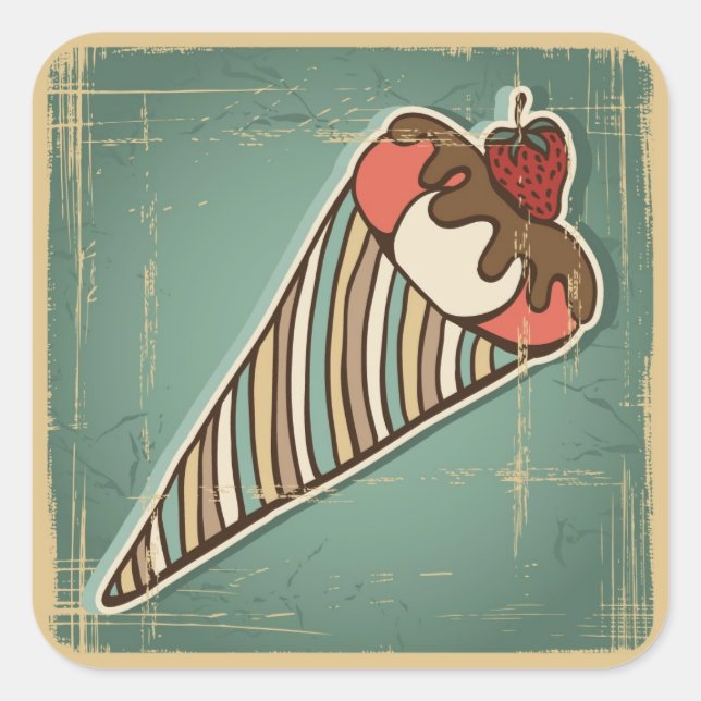 Retro Illustration of Ice Cream Square Sticker (Front)