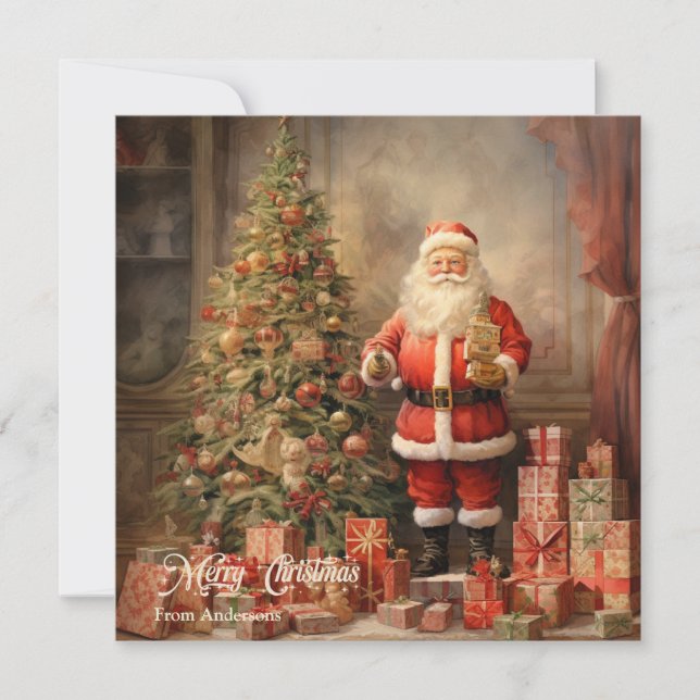 Retro illustration Santa Claus with Christmas tree Holiday Card (Front)
