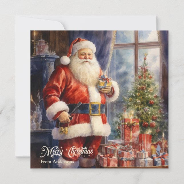 Retro illustration Santa Claus with presents gifts Holiday Card (Front)