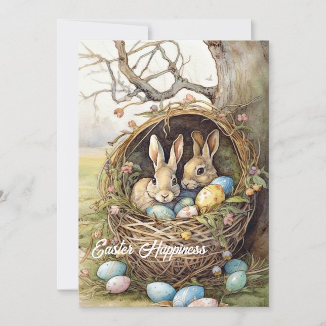 Retro Illustrations at two rabbits in basket eggs Holiday Card (Front)