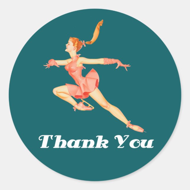 Retro Image Figure Skater In Pink Outfit Thank You Classic Round Sticker (Front)