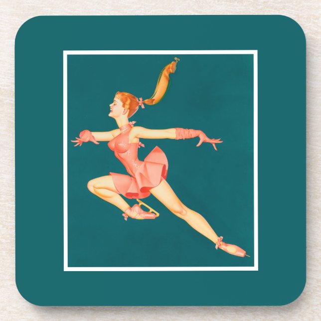 Retro Image of A Figure Skater In A Pink Outfit Coaster (Front)