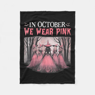 Retro In October We Wear Pink Witch Breast Cancer  Fleece Blanket
