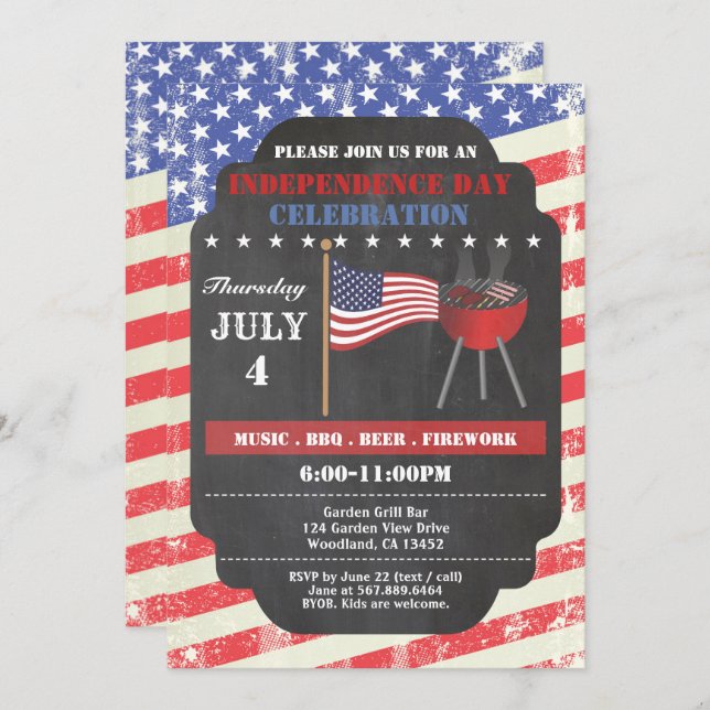 Retro Independence Day chalkboard invite. 4th July Invitation (Front/Back)