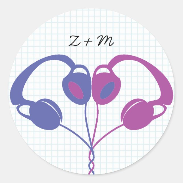 Retro Indie Headphones Heart Wedding (Purple/Blue) Classic Round Sticker (Front)