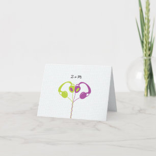 Retro Indie Headphones Heart Wedding (Purple/Lime) Thank You Card