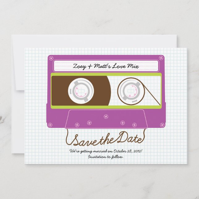 Retro Indie Mixtape Wedding (Purple/Lime) Save The Date (Front)
