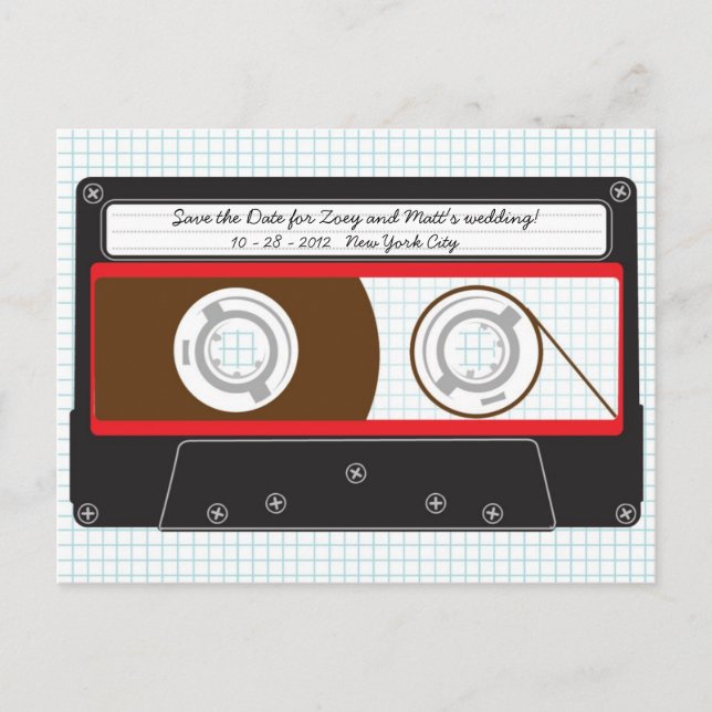 Retro Indie Mixtape Wedding Red, Black & White Announcement Postcard (Front)