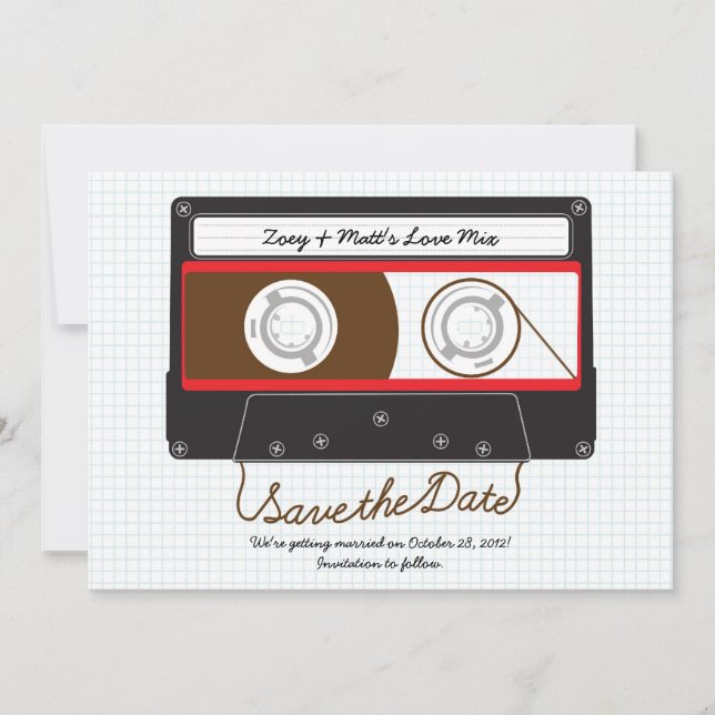 Retro Indie Mixtape Wedding Red, Black & White Save The Date (Front)