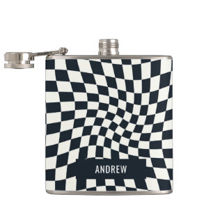 Retro Indigo White Chequered Personalized Hip Flask