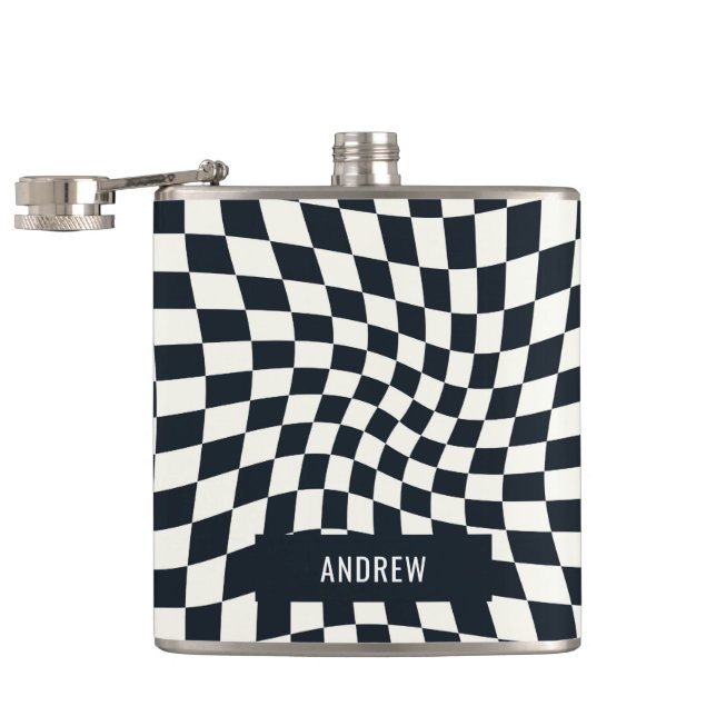 Retro Indigo White Chequered Personalized Hip Flask (Opened)
