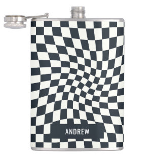 Retro Indigo White Chequered Personalized Hip Flask