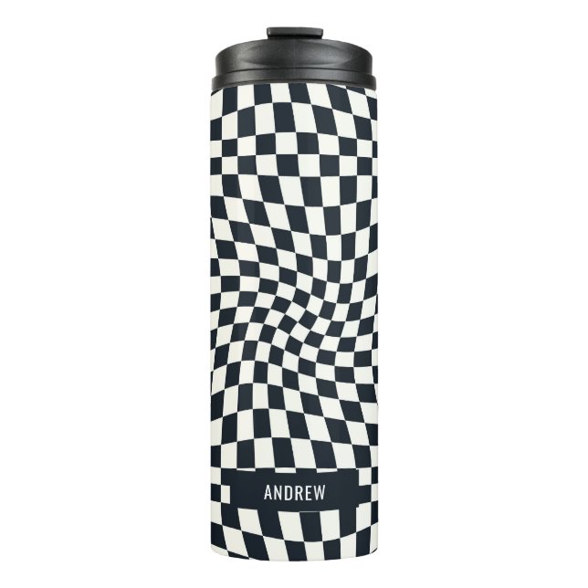 Retro Indigo White Chequered Personalized Thermal Tumbler (Front)