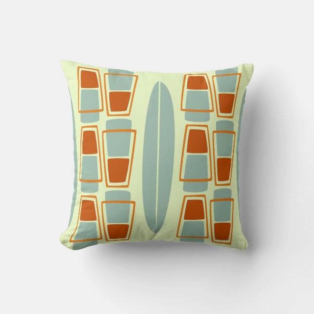 Retro Inspired 1950s Tiki Surfboard Throw Pillow (Front)