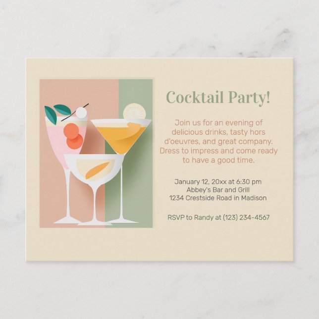Retro-inspired cocktail party invitation postcard (Front)