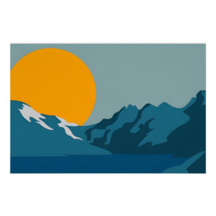 Retro-Inspired Mountain Art – Red and Blue Scenic  Poster