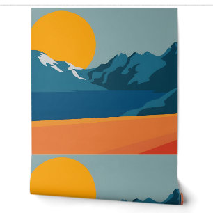 Retro-Inspired Mountain Art – Red and Blue Scenic Wallpaper