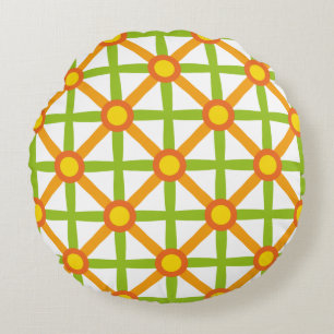 Retro Inspired Orange Green & Yellow Pattern Round Pillow