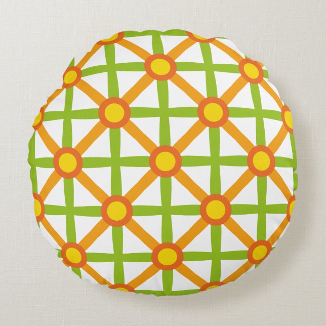 Retro Inspired Orange Green & Yellow Pattern Round Pillow (Front)