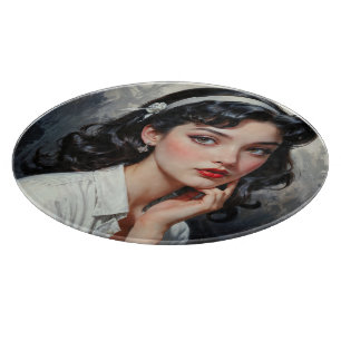 Retro Inspired Portrait of Thoughtful Young Woman Cutting Board