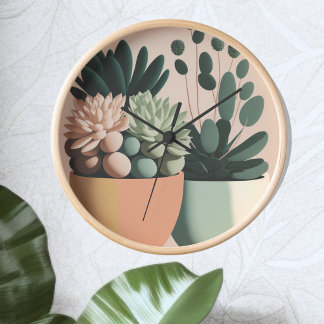 Retro-inspired succulent wall clock