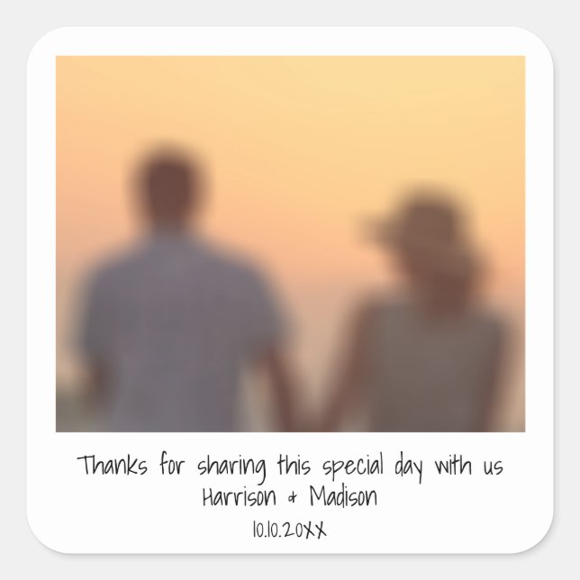 Retro instant photo names wedding favour square sticker (Front)