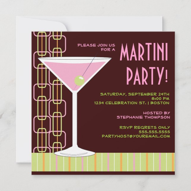 Rétro invitation rose de cocktail de Martini (Devant)