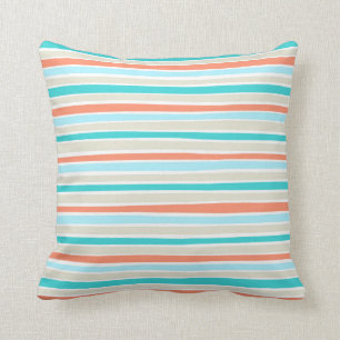 Retro Irregular Lines Pattern Coral Teal Beige Throw Pillow