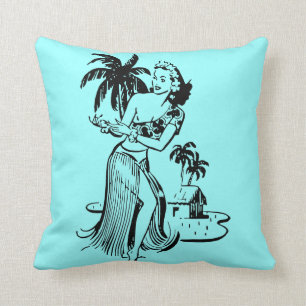 Retro Island Hula Dancer Palm Tree Custom Colour 2 Throw Pillow