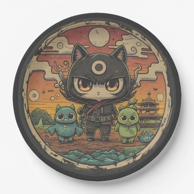 Retro Island Pals: Ninja Cat Crew Paper Plate (Front)
