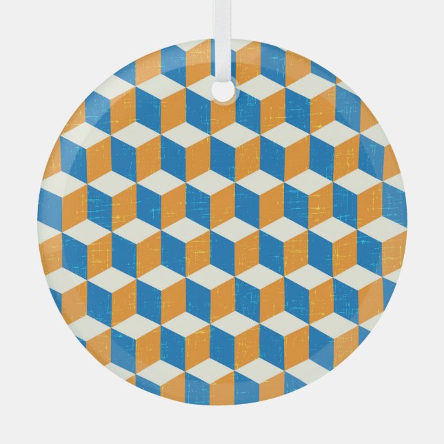 Retro isometric cubes, geometric illusion glass ornament (Front)