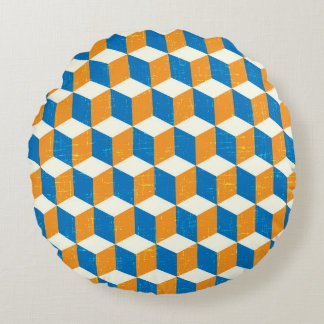 Retro isometric cubes, geometric illusion round pillow
