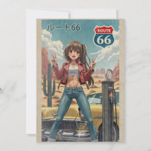 Retro Japanese Anime Girl on Route 66 Vintage Post Thank You Card