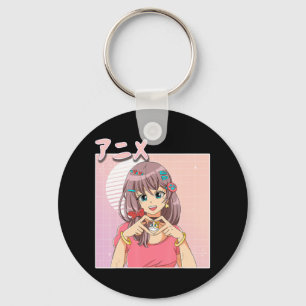 Retro Japanese Anime Girl Vaporwave Aesthetic Pink Keychain