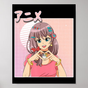 Retro Japanese Anime Girl Vaporwave Aesthetic Pink Poster