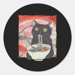 Retro Japanese Cat Eating Ramen Funny Noodles Classic Round Sticker