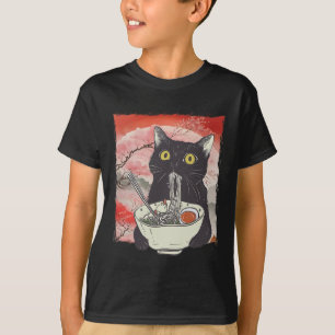 Retro Japanese Cat Eating Ramen Funny Noodles  T-Shirt
