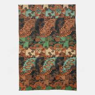 Retro Japanese Chrysanthemum & Wave Motif Kitchen Towel